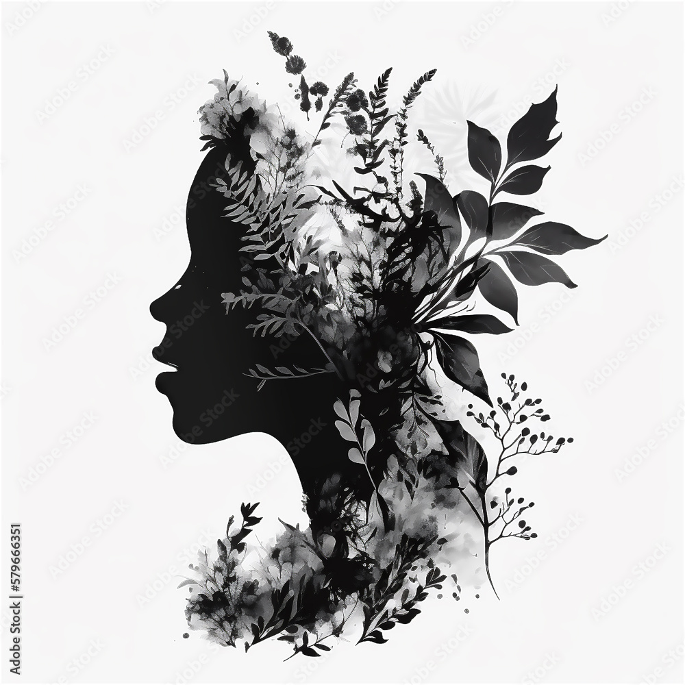 Fototapeta premium Profile of a girl with flowers. Black and white illustration. Generative AI.