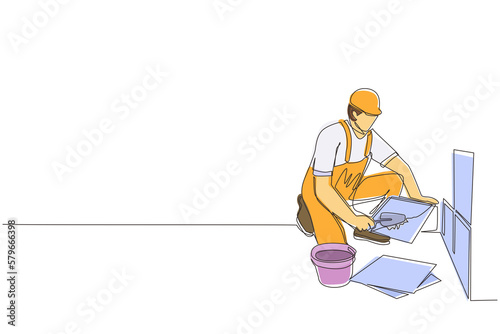 Single one line drawing repair worker laying ceramic wall tile. Professional tiler in uniform working. Repairman in overalls tiling at home. Continuous line draw design graphic vector illustration