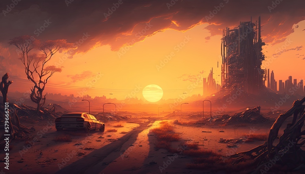 Dystopian Apocalyptic Landscape Futuristic Illustration AI Generated 