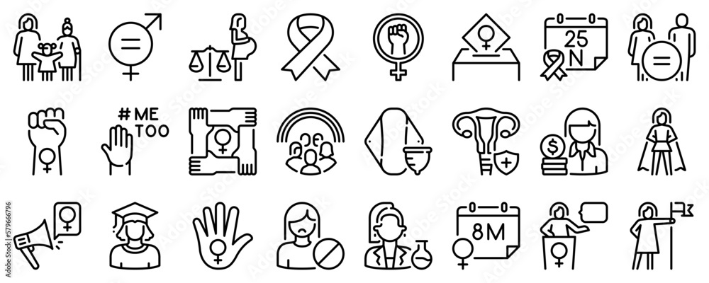 Line icons about feminism on transparent background with editable stroke.