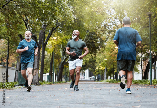 Fitness, health and senior men running in nature on garden path with trees. Friendship, training and mature runner and black man friend workout together in summer, motivation for healthy lifestyle.