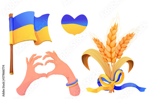 Set Ukrainian symbols flag, hands in heart shape, Spikelet Ukrainian flag colors in cartoon style isolated on white background.