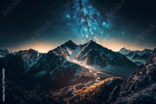 blue starry sky over the icy mountains, generative ai