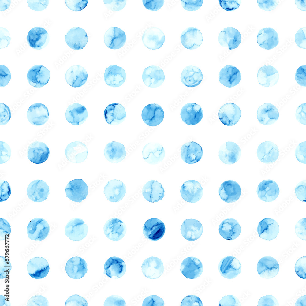 Watercolor seamless pattern. Print in polka dot style. Blue round dots of paint on a white background. Watercolor paper texture. Cute print for textiles, packaging. Vector illustration. Watercolor seamless pattern. Print in polka dot style. Blue round dots of paint on a white background. Watercolor paper texture. Cute print for textiles, packaging. Vector illustration.
