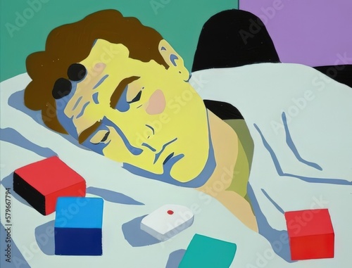 A man lies in his bed with a feeling of lethargy his mind lost in a sea of thoughts will his risk of gambling end in gain Art concept. AI generation.