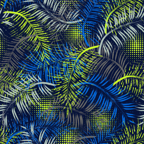 Seamless fantasy pattern with tropical foliage  palm leaves. Virtual surreal nature. Paint brush strokes  halftone round shapes of neon bright colors. Good for apparel  fabric  textile  sport goods.