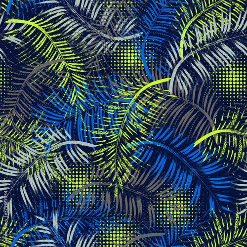 Seamless fantasy pattern with tropical foliage, palm leaves. Virtual surreal nature. Paint brush strokes, halftone round shapes of neon bright colors. Good for apparel, fabric, textile, sport goods.