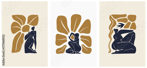Flower market print by female figures. Abstract floral vector illustration. Flower market poster concept template perfect for postcards, wall art, banners, etc.