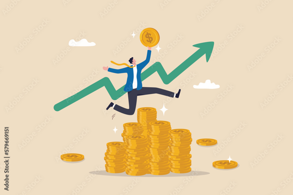 Success investing, growing wealth or being rich from pension or mutual fund, stock market return, money or financial success concept, rich businessman jump high on money coin stack with growth graph. - obrazy, fototapety, plakaty 
