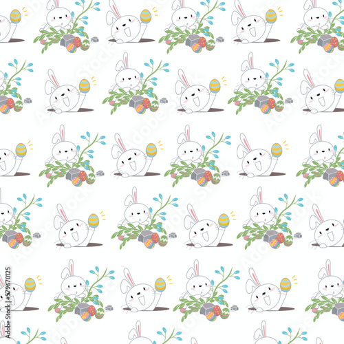 Cute bunny with easter theme. Funny fantasy cartoon character. It’s for kids fashion artworks, children books, birthday invitations, greeting cards, posters. Vector file. 