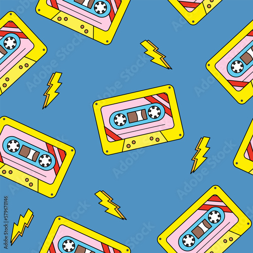 Seamless pattern with old fashioned cassette, doodle style flat vector