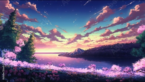 WIde Angle Japanese Anime Landscape Background. Clear Sky with Dynamic  Cloud. Sakura Tree. Beautiful Scenery. Stock Illustration | Adobe Stock