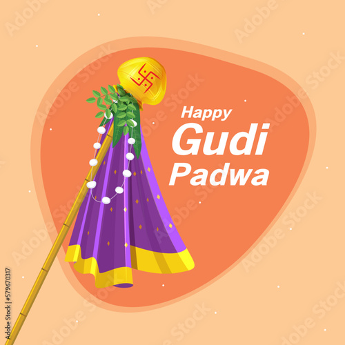 easy to edit vector illustration of Gudhi Padwa ( Lunar New Year ) spring festival for traditional New Year for Marathi and Konkani Hindus celebrated in Maharashtra and Goa
