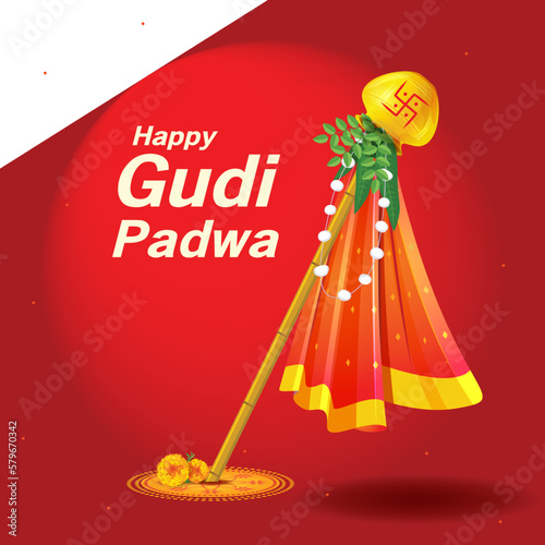 easy to edit vector illustration of Gudhi Padwa ( Lunar New Year ) spring festival for traditional New Year for Marathi and Konkani Hindus celebrated in Maharashtra and Goa