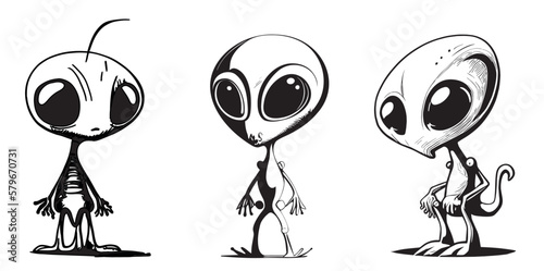 Set of aliens sketch hand drawn illustration in cartoon style