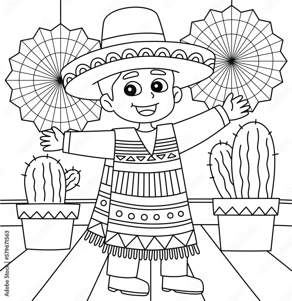 Cinco de Mayo Mexican Boy Coloring Page for Kids Stock Vector | Adobe Stock