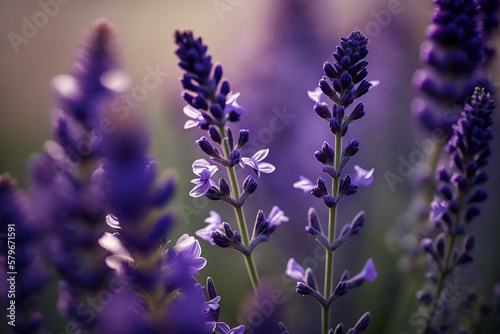 Branches of Lavender blooming flowers closeup. Generative AI