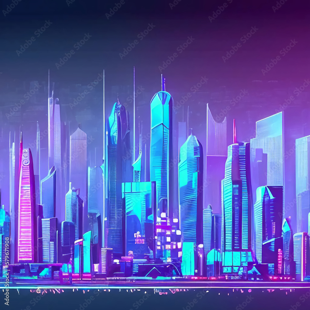 futuristic cityscape with towering skyscrapers and neon lights_outpud