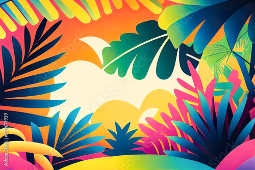 Summer vivid color illustration, exotic background with tropical leaves and palm trees. Summer creative concept. Generative AI.
