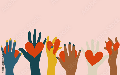 Volunteers, social workers, ordinary people hold hearts in their palms. Unity, cohesion of a multinational society. Charity, voting, donations, social assistance. Vector.