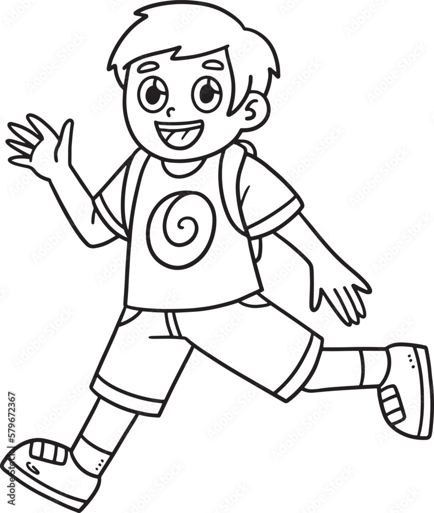 Running Boy Student Isolated Coloring Page 