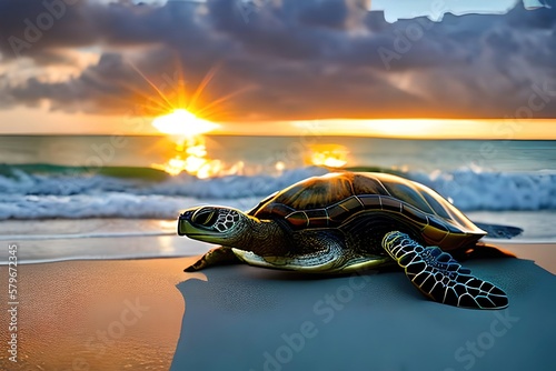Beautiful landscape of a turtle in the waves of the beach with the last rays of the sun at sunset. Ai generative