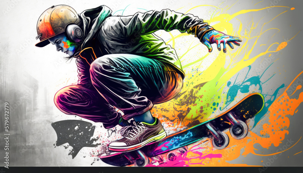 Street skater on a skateboard in a graffiti painting with action and paint splashes - obrazy, fototapety, plakaty 