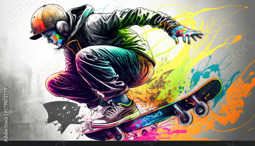 Street skater on a skateboard in a graffiti painting with action and paint splashes photo