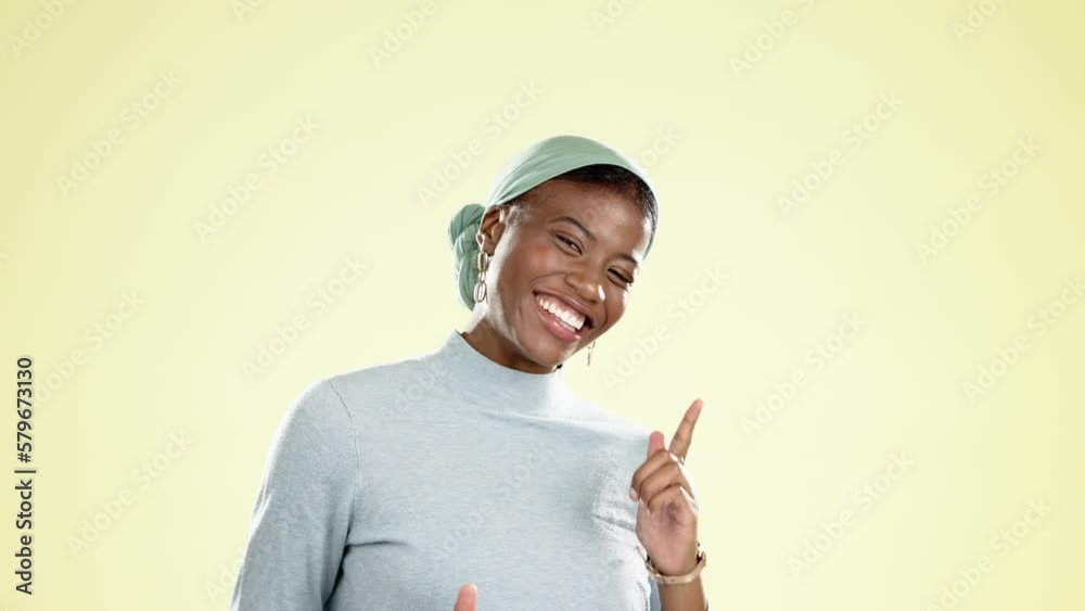 Dance, finger guns and face of black woman on yellow background with confidence, success and happy. Mockup space, fashion and portrait of isolated girl dancing for wellness, beauty and good news Dance, finger guns and face of black woman on yellow background with confidence, success and happy. Mockup space, fashion and portrait of isolated girl dancing for wellness, beauty and good news