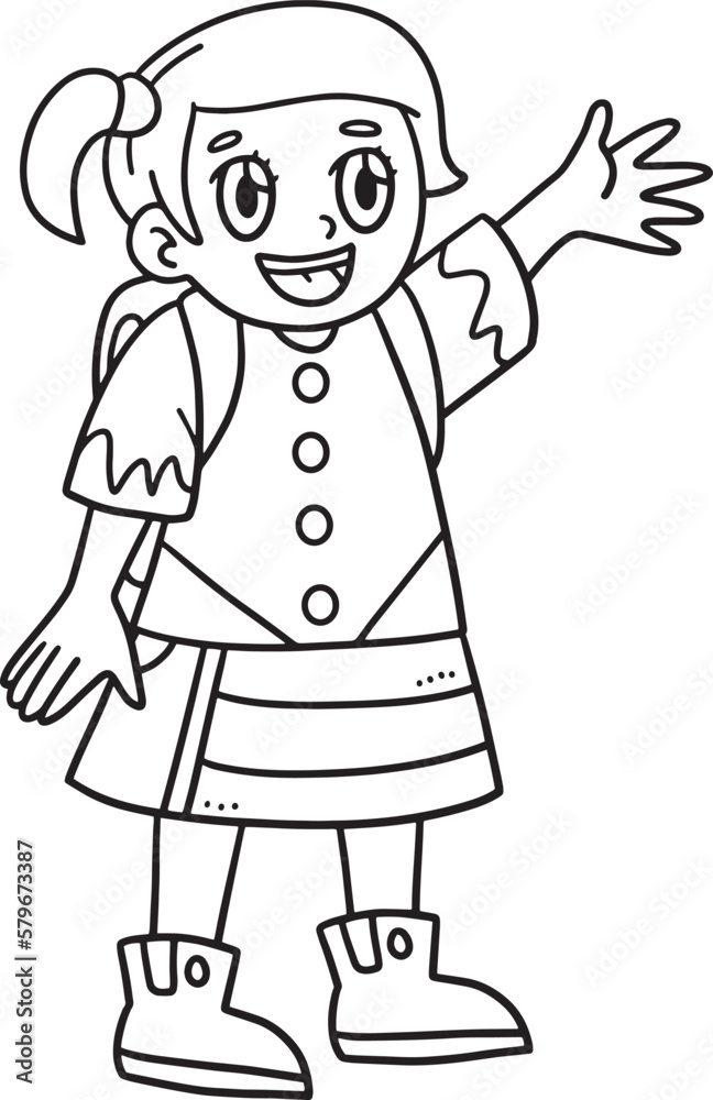 Girl Student Isolated Coloring Page for Kids