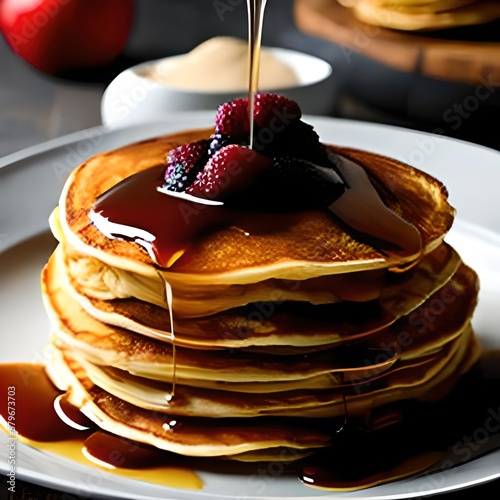 Close-up delicious pancakes, fresh strawberries and maple syrup. With copy space. Sweet maple syrup flows from a stack of pancakes. Ai generative