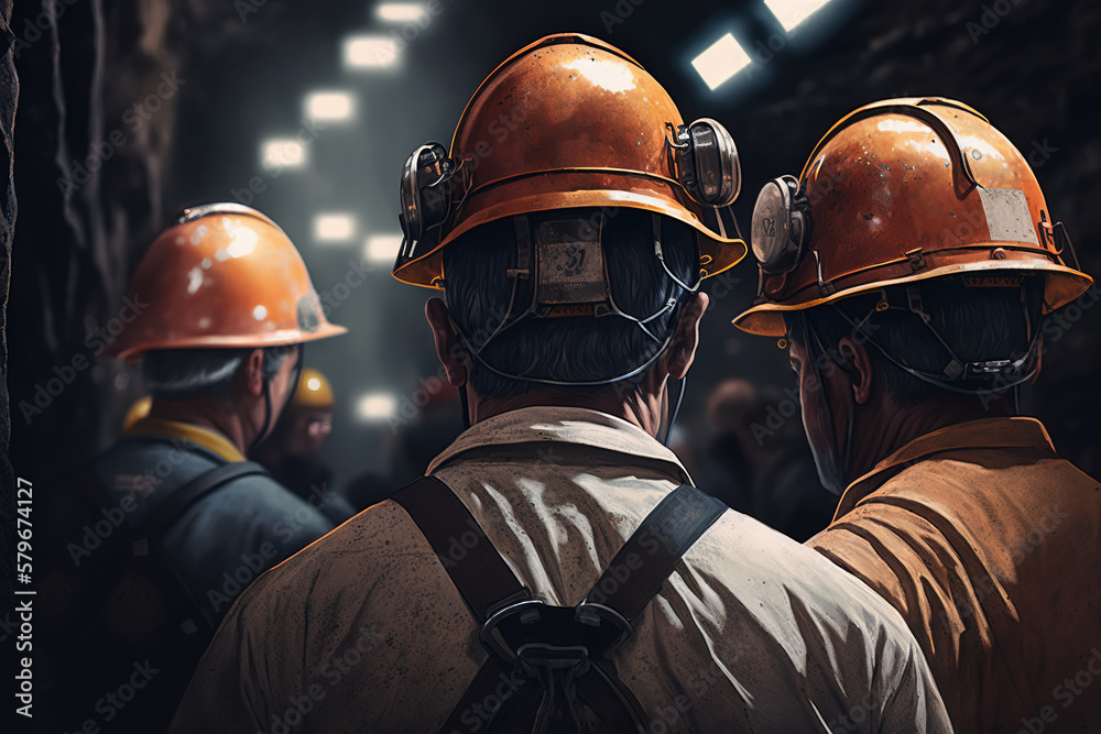 Team of miners in uniform and helmets in mine. Rear view of industrial unrecognizable male workers, close-up. Generative ai