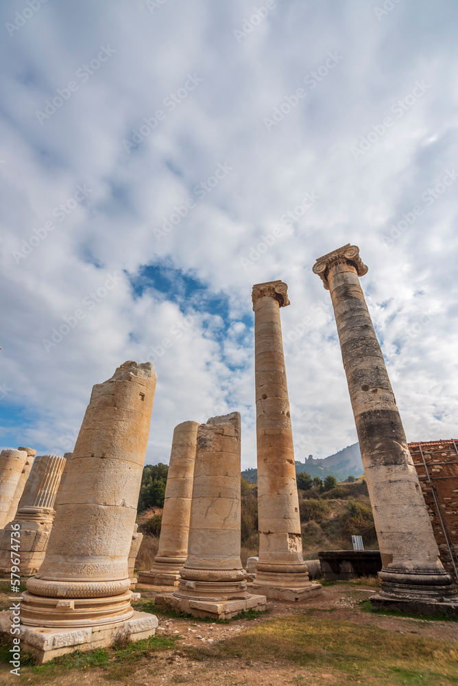 Artemis temple of Sard town Manisa, ruins of columns and buildings on a cloudy day