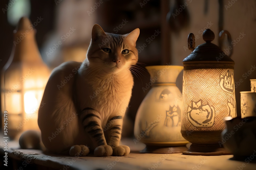 cat surrounded by traditional handicrafts (AI Generated)