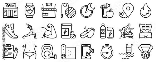 Платно Line icons about fitness on transparent background with editable stroke