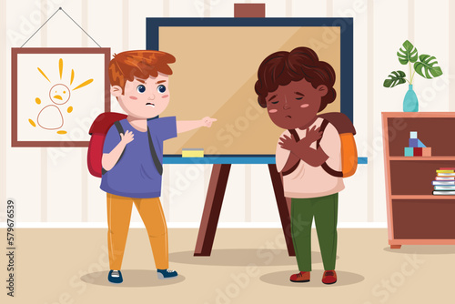 Cartoon illustration of a with white boy accusing a black boy in classroom background. Racism, bullying, aggression, behaviour, discrimination concept illustration.