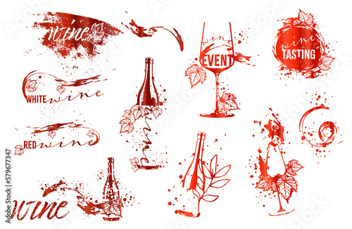 Wine tasting - hand drawn line art of wine, bottles and glasses. Art for menu, shop, market or sale. Wine bottles with wine stains. Sketchy collection of grape leaves and different wine elements.