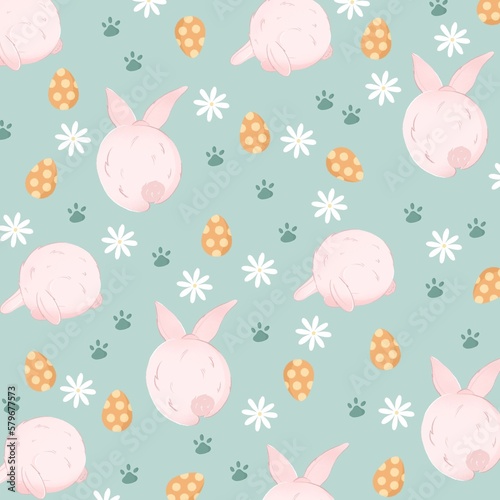 Easter pattern. Bunny, eggs, flowers art. Cartoon illustration colourful 