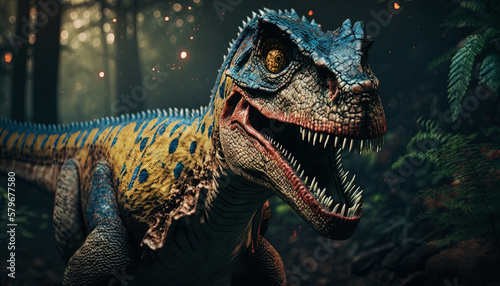 Closeup on head with sharp teeth of carnivorous dinosaur. Prehistoric predator. Generative AI © AngrySun