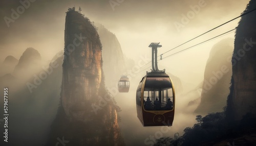 Cable Cars with hazy landscape - Postproducted generative AI digital illustration photo