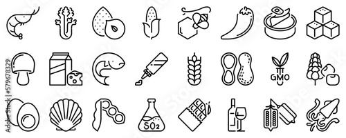Line icons about food allergens on transparent background with editable stroke.