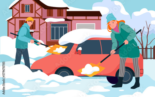 Snow removal vector illustration. Cartoon man and woman remove ice and snowdrift with shovels, people cleaning car and street covered with snow after blizzard background. Winter works concept