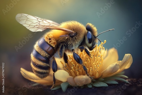 Honey bee working hard and polinating flower. Generative AI