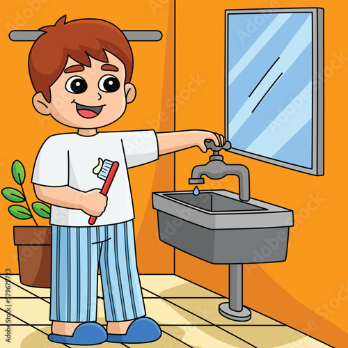 Boy Conserving Water Colored Cartoon Illustration