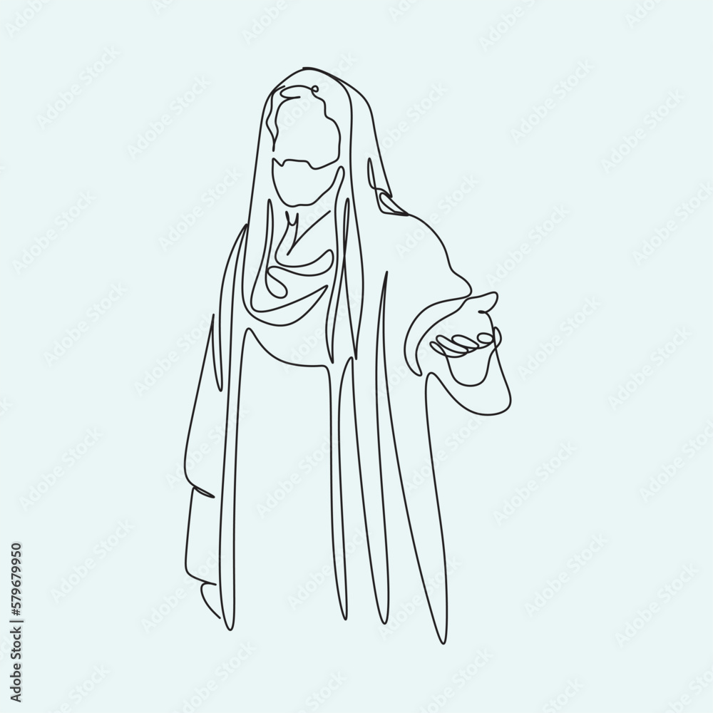 Continuous line drawing of Jesus Christ , linear style and Hand drawn Bible Christian scene of son of God with people and kids. Easter illustration