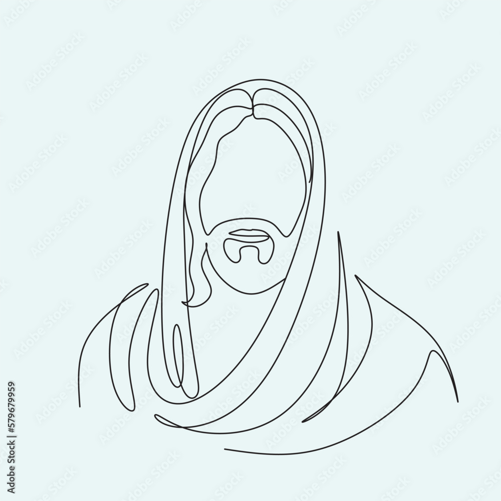 Continuous line drawing of Jesus Christ , linear style and Hand drawn Bible Christian scene of son of God with people and kids. Easter illustration