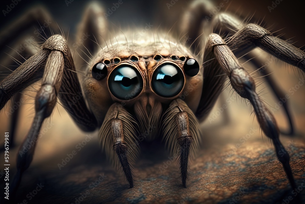 Frightening, up-close view of a brown spider with many eyes and lengthy ...