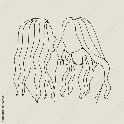 Two girls are hugging line art. Abstract portrait of a pretty young woman. Friends, sisters, or couples. Continuous one-line drawing isolated on white. Vector illustration in a simple modern style.