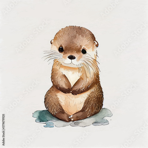 Cute baby otter character, watercolor Sea Otter Enhydra lutris with flowers on Summer landscape. Kawaii cub animal in clothing watercolour drawing. Hand drawn water creature color graphic illustration