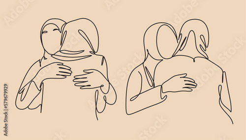 Arabian womans Hijab Sister Hugging Together Line Art. Arabian Muslim Sibling Embrace with Love and Smile Concept. Happy Sister or Sibling Day.